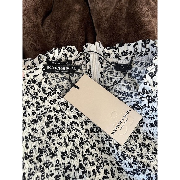 NWT Scotch & Soda Black Floral Smocked Frill Long Sleeve Mini Dress Sz Medium - Picture 11 of 12